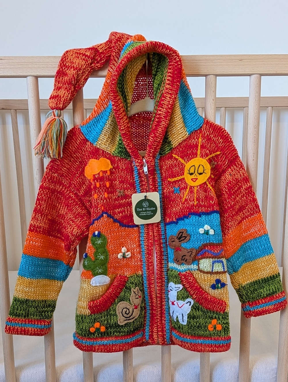 Handmade -NWT  Size 2/3 - Colorful Hand-Knit Kids Hooded Zip Sweater with Tassel
